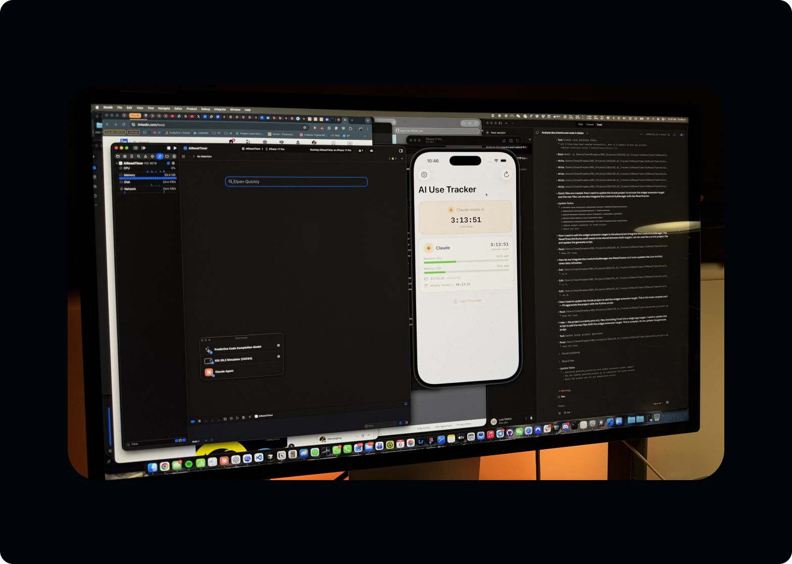 Development environment showing Xcode alongside the working AI Use Tracker app running on iPhone